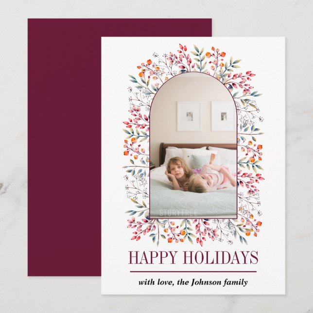 Berry and leaf arch burgundy Christmas photo Holiday Card (Front/Back)
