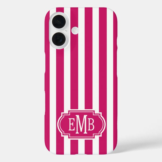 Berry and White Monogrammed Stripes Case-Mate iPhone Case (Back)