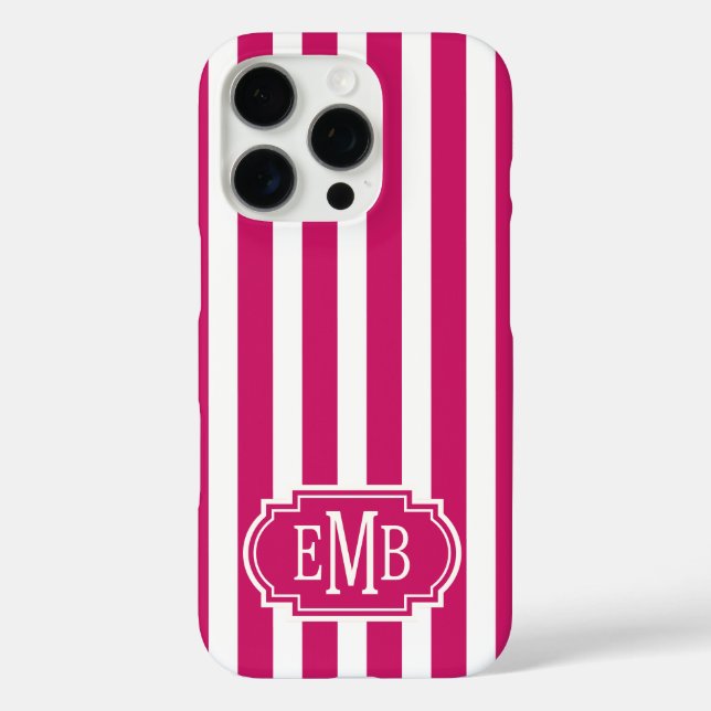 Berry and White Monogrammed Stripes Case-Mate iPhone Case (Back)