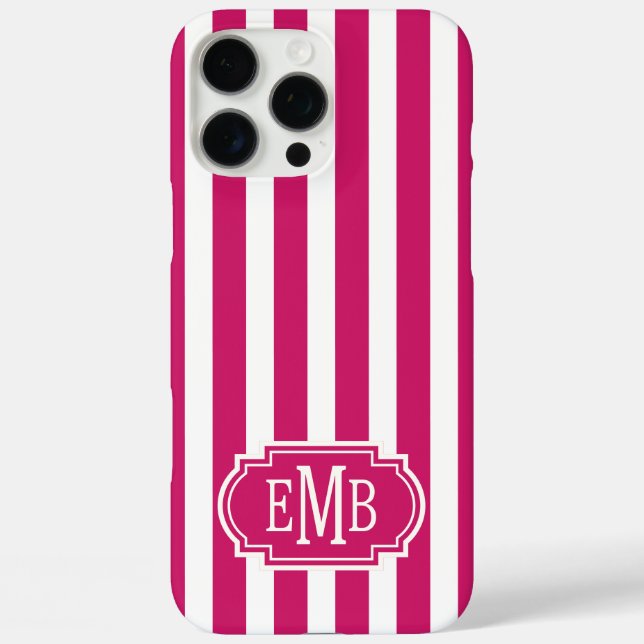 Berry and White Monogrammed Stripes Case-Mate iPhone Case (Back)