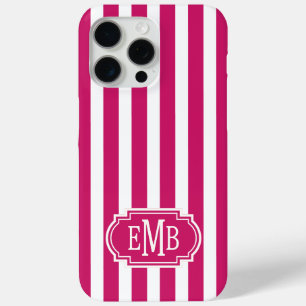 Berry and White Monogrammed Stripes iPhone 15 Pro Max Case