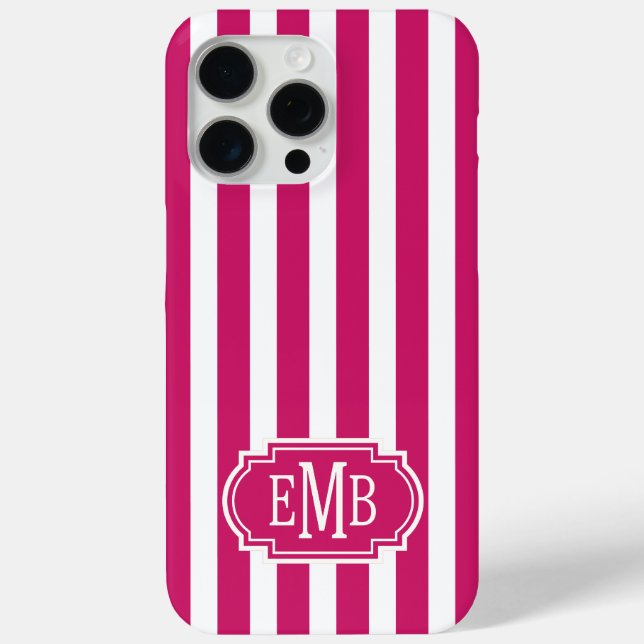 Berry and White Monogrammed Stripes Case-Mate iPhone Case (Back)
