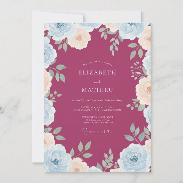 Berry Aqua Leaf Wedding Invitation (Front)