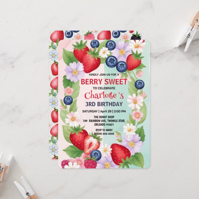 Berry  Birthday Strawberry flower Girl Party Invitation (Front/Back In Situ)