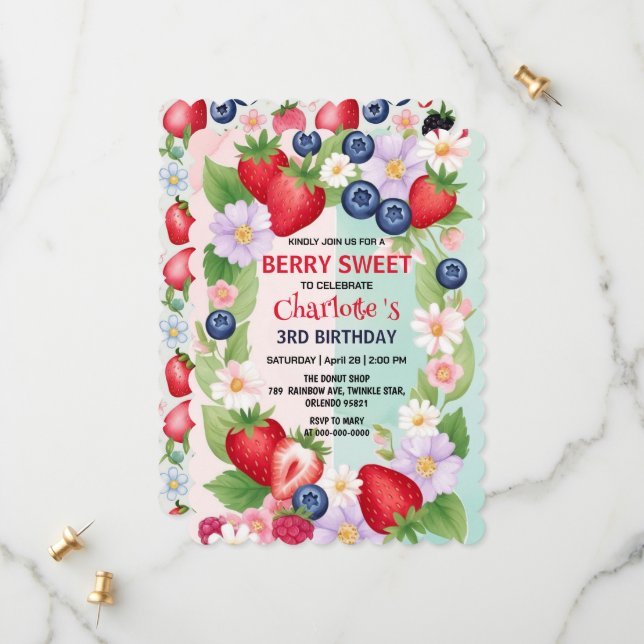 Berry  Birthday Strawberry flower Girl Party Save The Date (Front/Back In Situ)