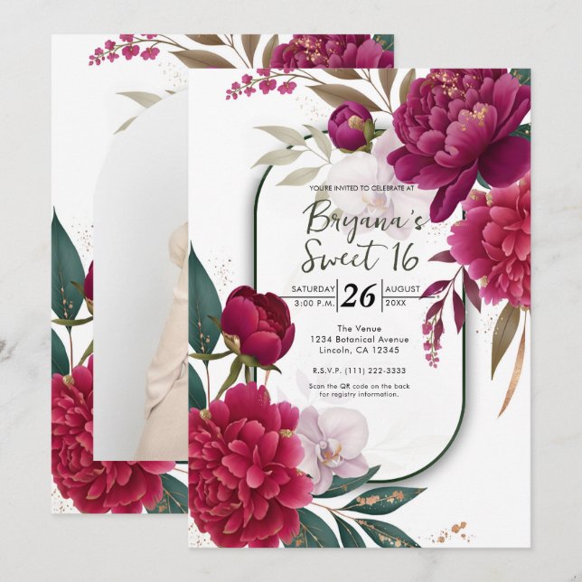 Berry Bloom Garden Floral Glam Sweet 16 Invitation (Front/Back)