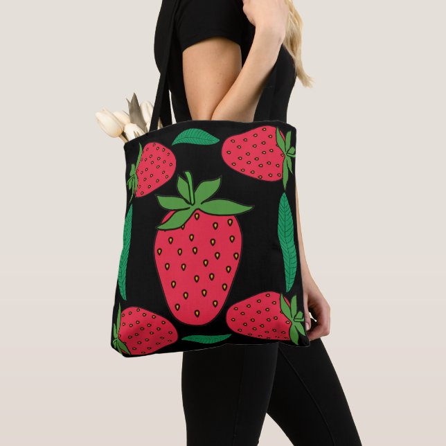 Berry Bloom – Symmetrical Strawberry & Leaf Tote Bag (Close Up)