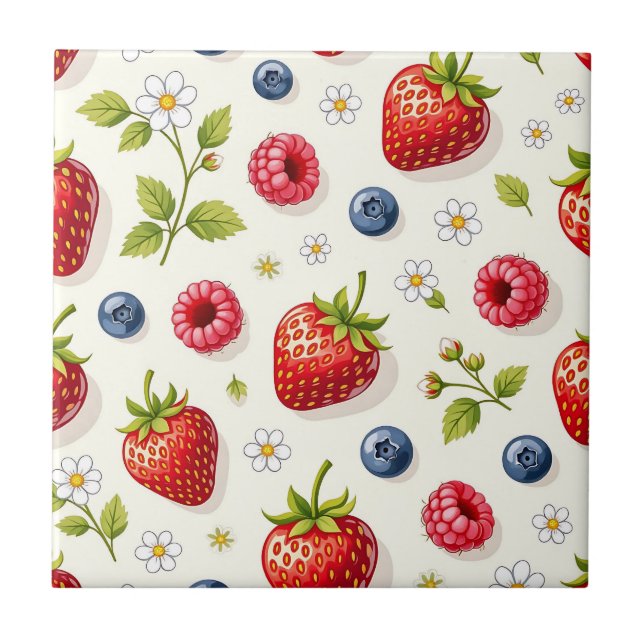 Berry Blossom Pattern Fresh Summer Fruits Ceramic Tile (Front)