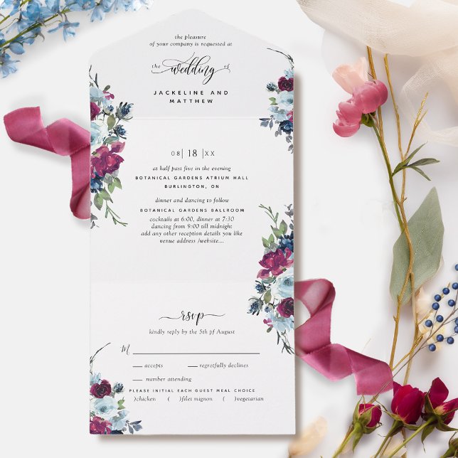 Berry, Blue, Burgundy Wedding with Perforated RSVP All In One Invitation (Creator Uploaded)