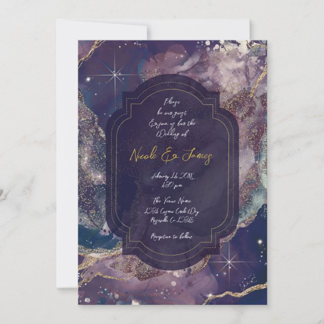Berry Blue Watercolor Gold Celestial Wedding Invitation (Front)