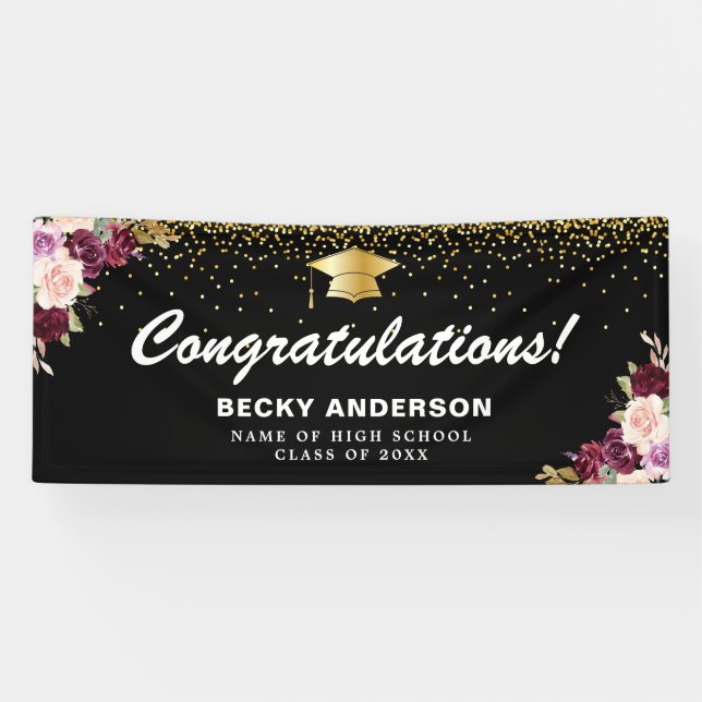 berry blush watercolor floral graduation banner (Horizontal)