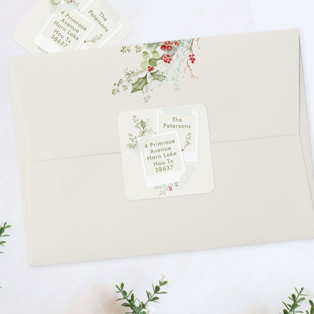 berry botanical holiday christmas custom address square sticker (Creator Uploaded)