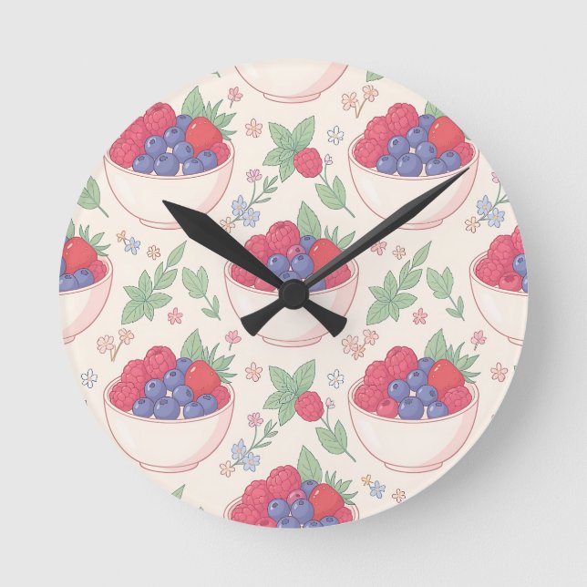 Berry Bowl Pattern Pastel Round Clock (Front)