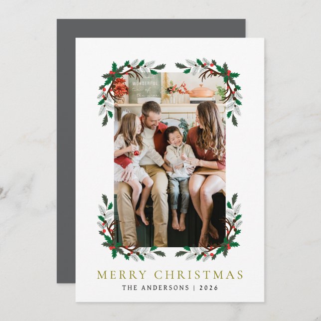 Berry Branch Frame Christmas Family 1 Photo Holiday Card (Front/Back)