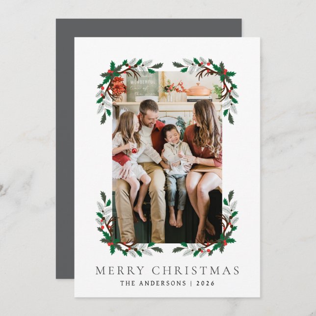Berry Branch Frame Christmas Family 1 Photo Holiday Card (Front/Back)
