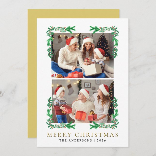 Berry Branch Frame Christmas Family 2 Photo Holiday Card (Front/Back)