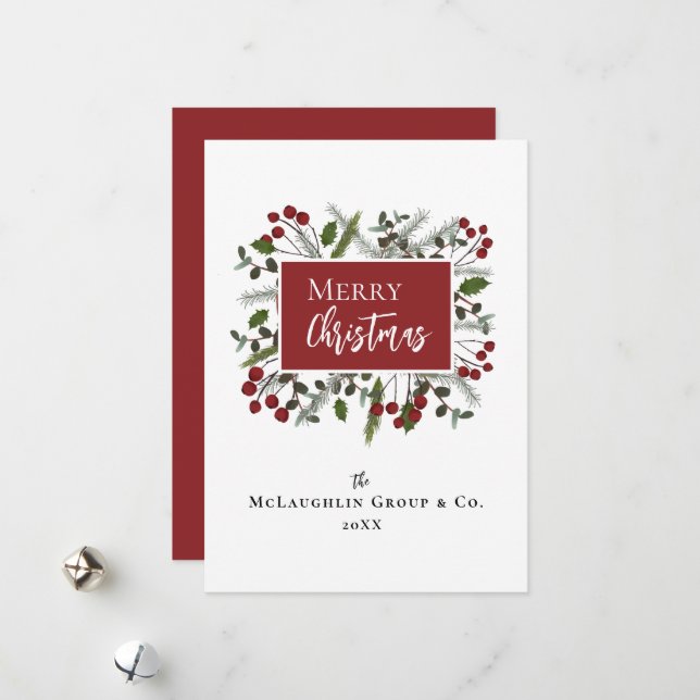 Berry Branches Frame Company Name Modern Holiday Card (Front/Back In Situ)