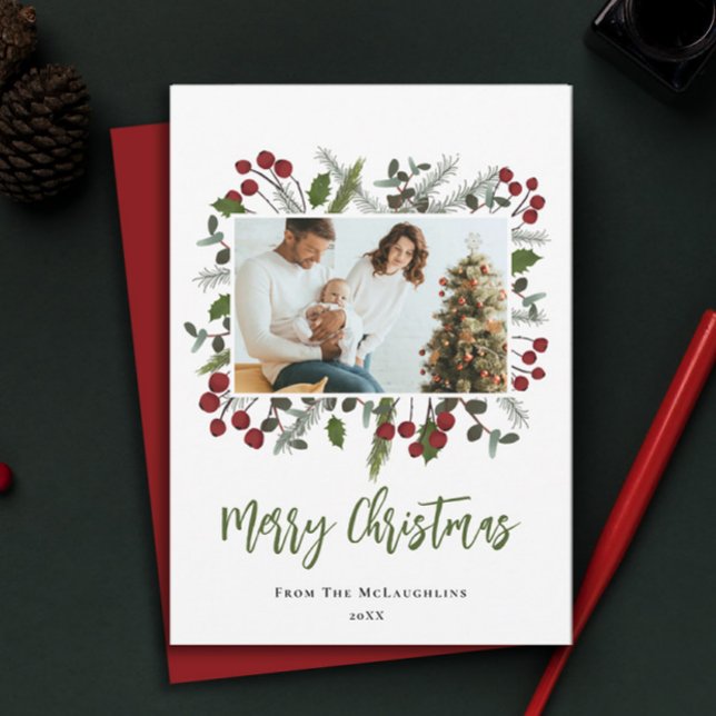 Berry Branches Frame Family Photo Modern Christmas Holiday Card (Modern Berries, branches, Merry Christmas family photo holiday card.)