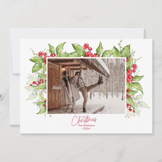 Berry Branches Frame | Modern Christmas Photo  Holiday Card (Front)