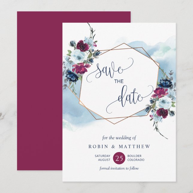 Berry, Burgundy and Blue Floral, Elegant Wedding  Save The Date (Front/Back)