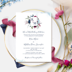 Berry, Burgundy and Blue Floral Monogram Wedding Invitation