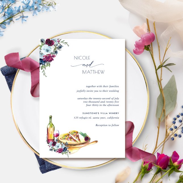 Berry Burgundy and Blue Floral Pizza Wedding Invitation (Creator Uploaded)