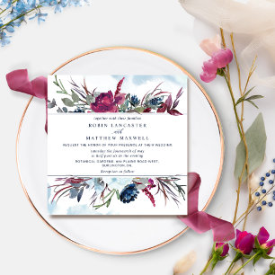 Berry Burgundy and Blue Floral Square Wedding Inv Invitation