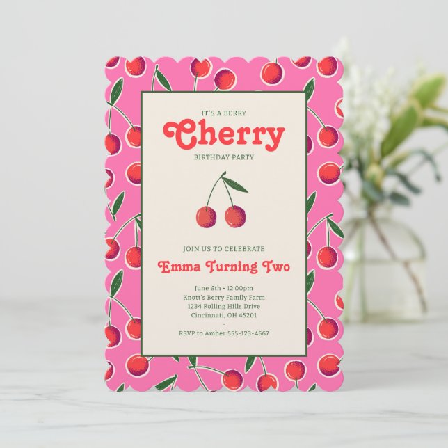 Berry Cherry Girl's Birthday Invite: Hot Pink Invitation (Standing Front)