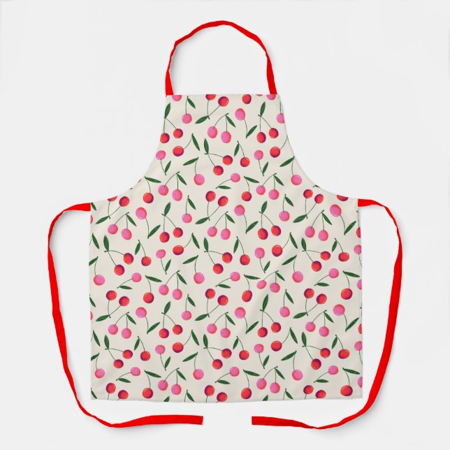 Berry Cherry Retro Red and Pink Kitchen Apron (Front)