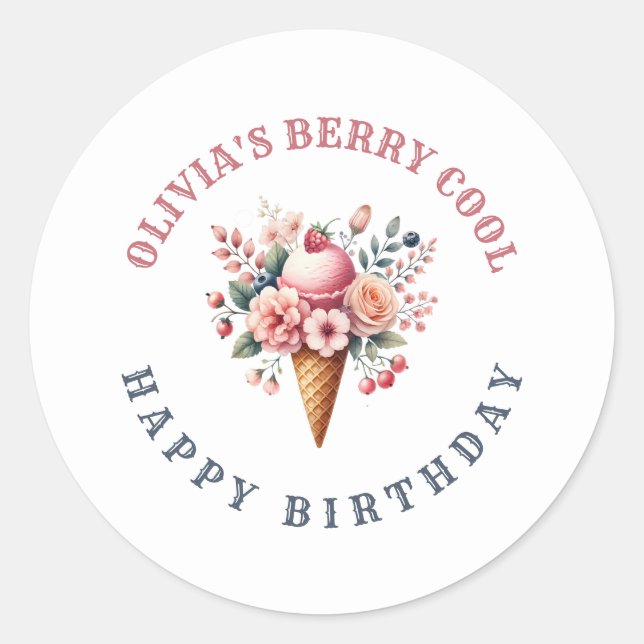 Berry Cool Happy Birthday Ice Cream Party Classic Round Sticker (Front)