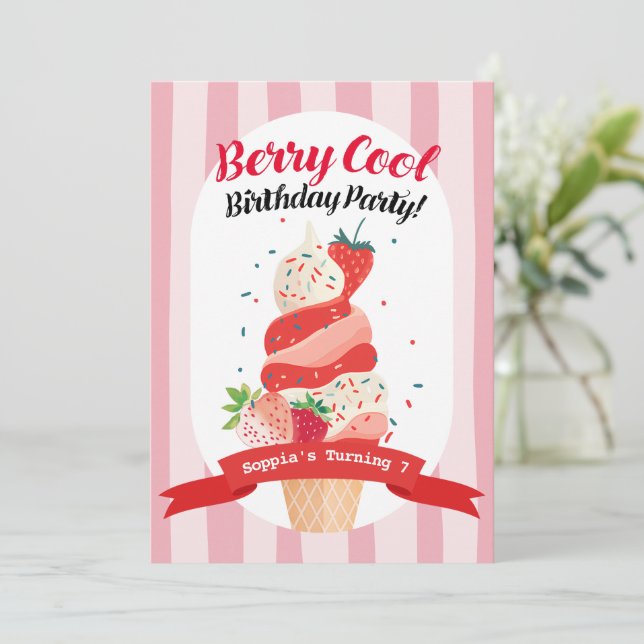 Berry Cool Strawberry Ice Cream Birthday Invitation (Standing Front)