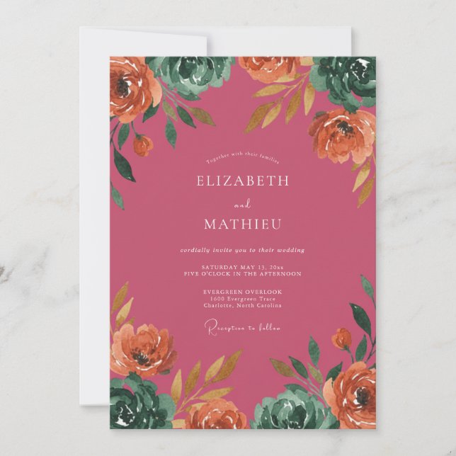 Berry Coral Painted Wedding Invitation (Front)