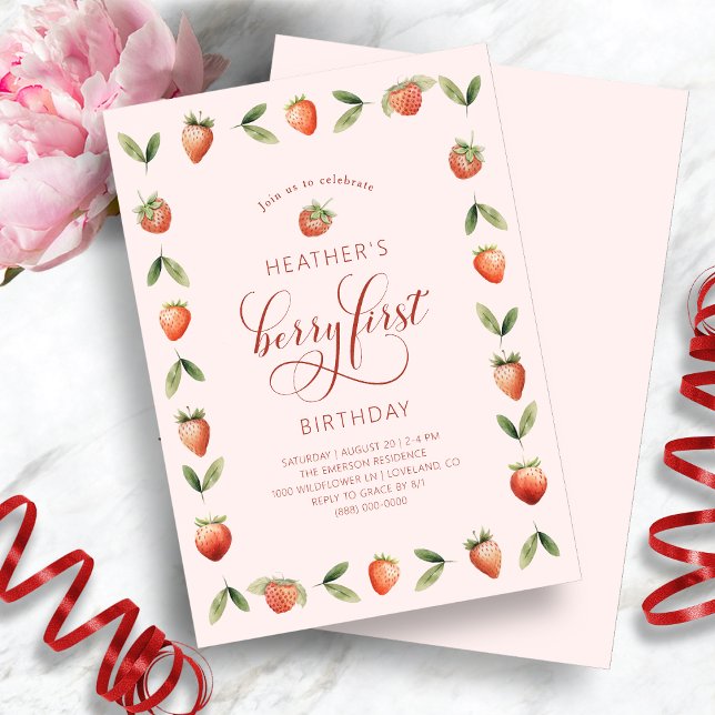 Berry First 1st Birthday Invitations (Pink Berry First Photo Birthday Invitation by Painted Paperie
)