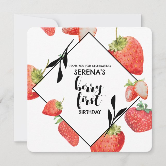 Berry First | 1st Birthday | Modern Strawberry Thank You Card (Front)