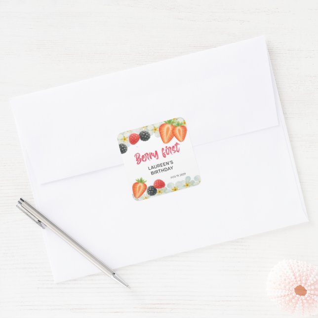 Berry First 1st Birthday Square Sticker (Envelope)