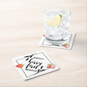 Berry First 1st Birthday Strawberry Modern Paper Coaster