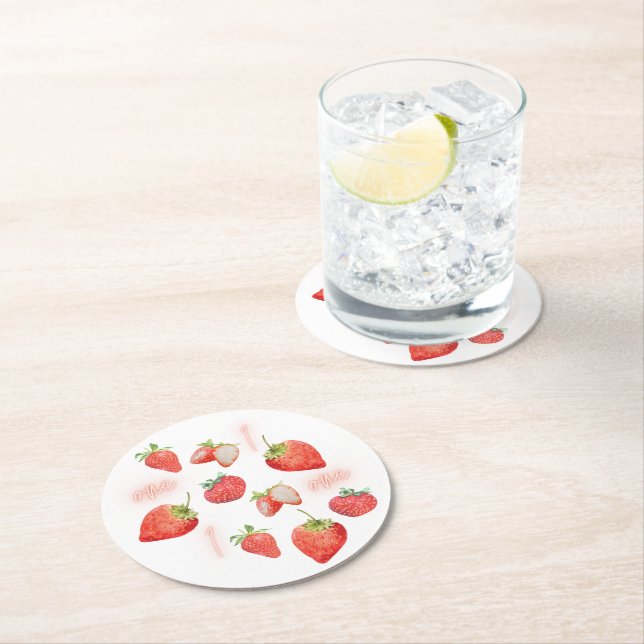 Berry First | 1st Birthday | Strawberry | Pattern Round Paper Coaster (Insitu)