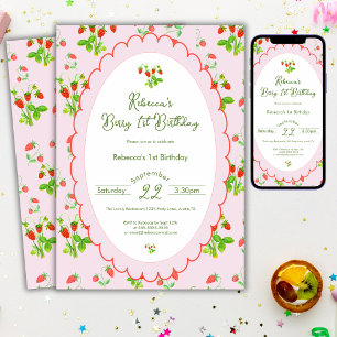 Berry First 1st Birthday Strawberry & Pink Invitation
