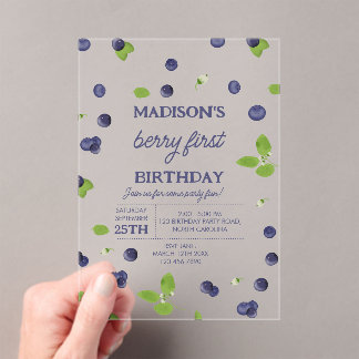 Berry First 1st One Birthday Blueberry Photo Acrylic Invitations