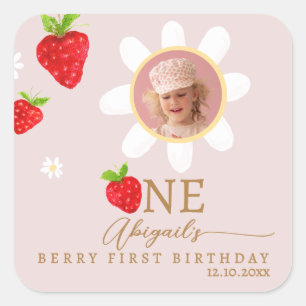 Berry First 1st Strawberry Birthday Photo Square Sticker