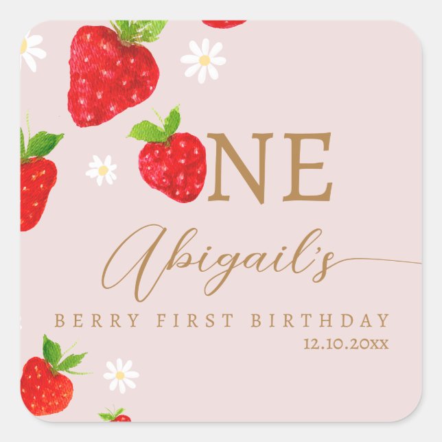 Berry First 1st Strawberry Birthday Square Sticker (Front)