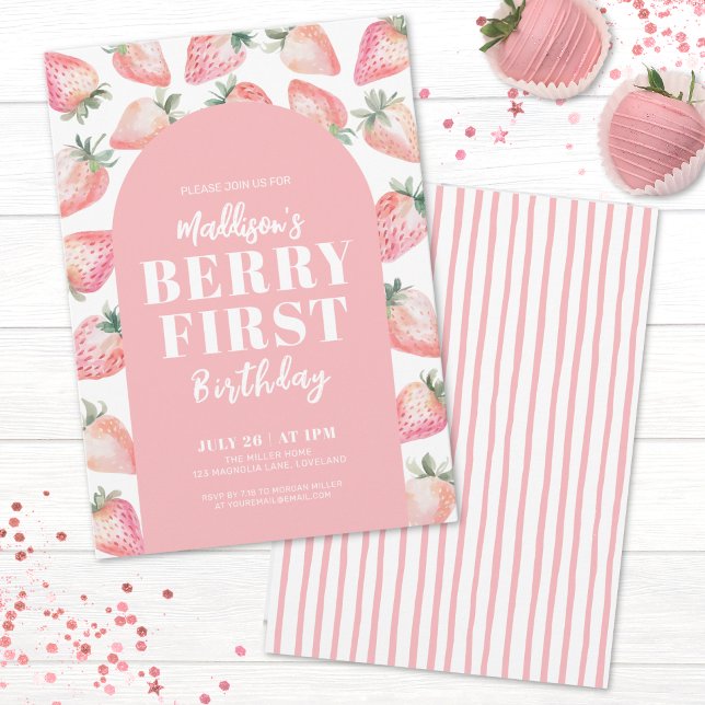 Berry First Birthday 1st Birthday Party Invitation (Strawberry Berry First 1st Birthday Party Invitation)
