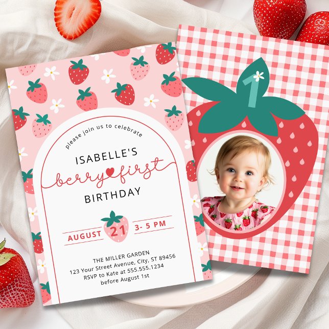 Berry First Birthday 1st Birthday Strawberry Photo Invitation (Berry First Birthday 1st Birthday Strawberry Photo Invitation)
