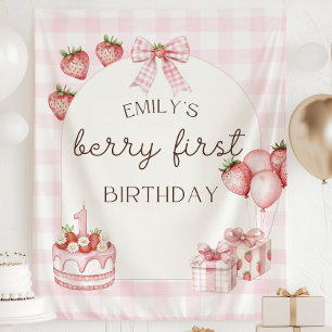 Berry First Birthday Banner Pink Strawberry Tapestry