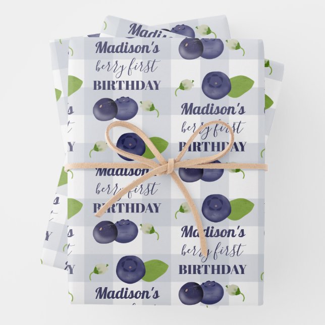 Berry First Birthday Blueberries First 1st Name Wrapping Paper Sheet (In situ)