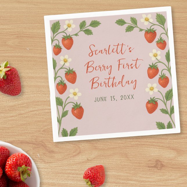 Berry First Birthday Cute Strawberry Floral Pink Napkin (Creator Uploaded)