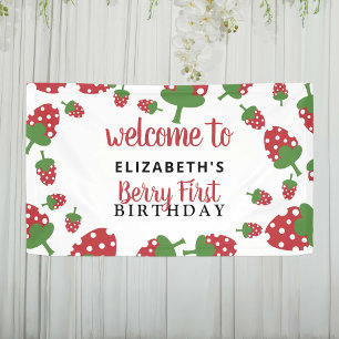 Berry First Birthday Cute Strawberry Girl Red  Banner