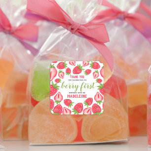 Berry First Birthday Cute Strawberry Thank You  Square Sticker