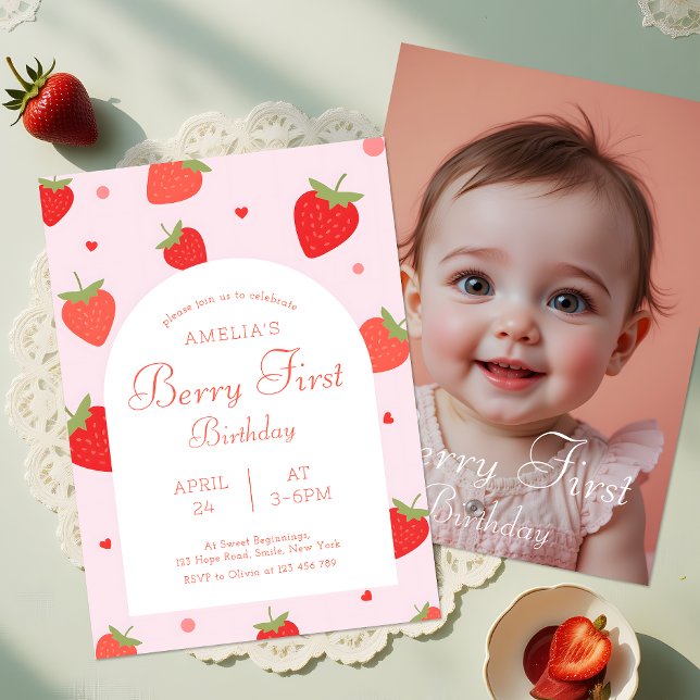 Berry First Birthday Double Side Print Photo Invitation (Creator Uploaded)