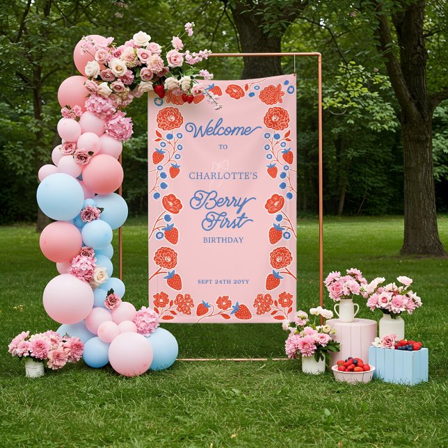 Berry First Birthday Floral Strawberry Welcome  Banner (Berry First Birthday Floral Strawberry Welcome Banner)